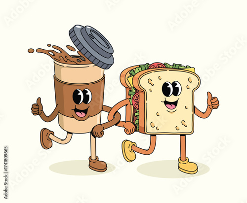 sandwich and coffee walk together groovy cartoon illustration