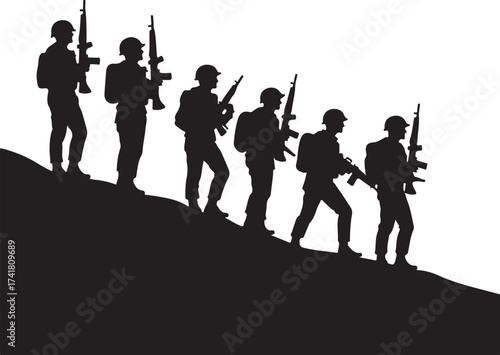 Six soldiers in silhouette marching uphill with rifles