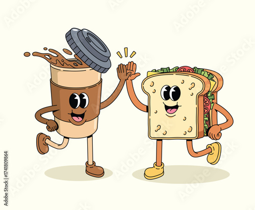 sandwich and coffee high five groovy cartoon illustration