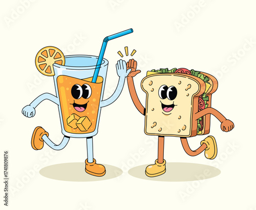sandwich and orange drink high five groovy cartoon illustration