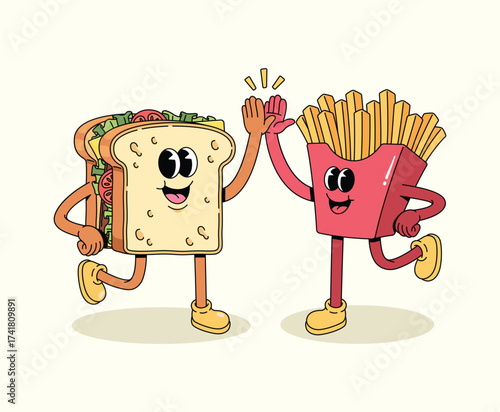 sandwich and french fries high five groovy cartoon illustration