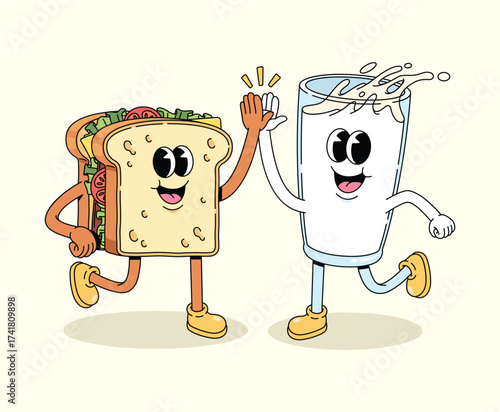 sandwich and milk high five groovy cartoon illustration