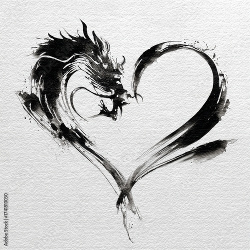 A striking artwork features a dragon entwined in a heart shape, created using black ink on textured paper. The details showcase dynamic lines and fluid strokes.