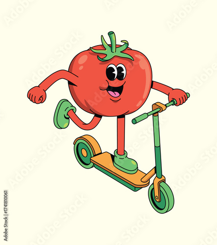 tomato kick scooter groovy cartoon illustration