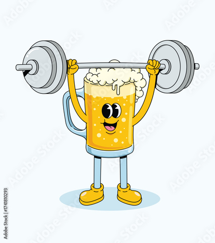beer weightlifting groovy cartoon illustration
