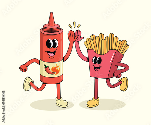 french fries and chili sauce groovy cartoon illustration