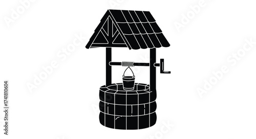 Rustic wooden well with bucket and crank for drawing water rural scene countryside heritage element