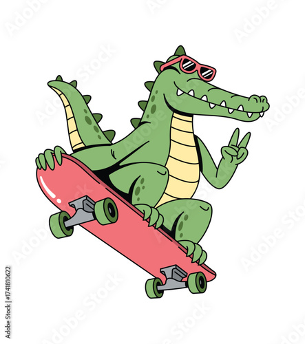 crocodile skateboard groovy cartoon illustration