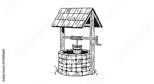 Rustic wooden wishing well with thatched roof detailed line art sketch historical water source charming outdoor scene