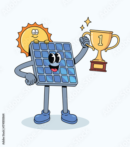 solar panel trophy groovy cartoon illustration