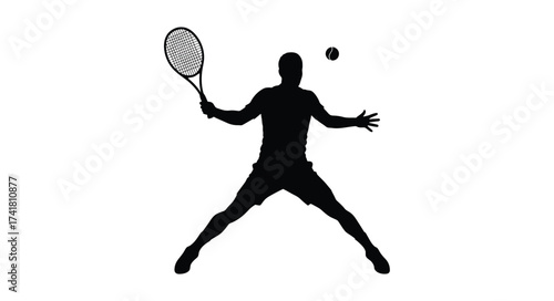 Dynamic silhouette of a tennis player executing a powerful forehand swing ready to serve or return the ball for sports