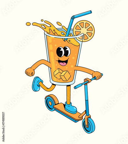 orange drink kick scooter groovy cartoon illustration