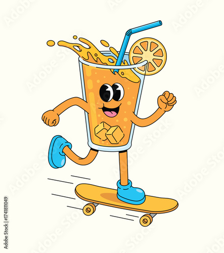 orange drink walk skateboard groovy cartoon illustration