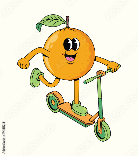 orange ride a kick scooter groovy cartoon illustration