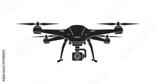 Advanced aerial drone with camera and propellers captured in a detailed silhouette for technology and innovation concepts