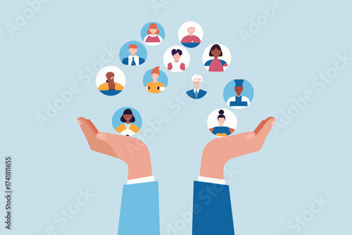 Two open hands gently holding and supporting a diverse group of people in circular profile icons