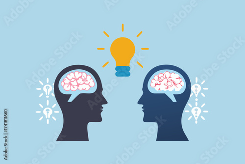 Two silhouetted heads facing each other with brains inside and lightbulbs symbolizing ideas and innovation