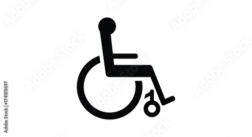Black and white icon representing a person in a wheelchair symbolizing accessibility and disability support services for inclusivity.