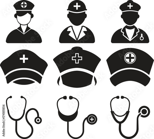 Medical icons representing healthcare professionals and equipment