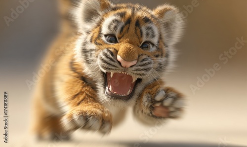A young tiger cub energetically runs through a natural landscape under a bright sun, showcasing its playful spirit and curiosity about the environment.