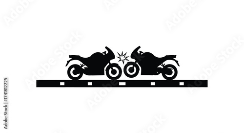 Two black silhouette adventure motorcycles facing each other on a road with small dashed markers indicating travel progress