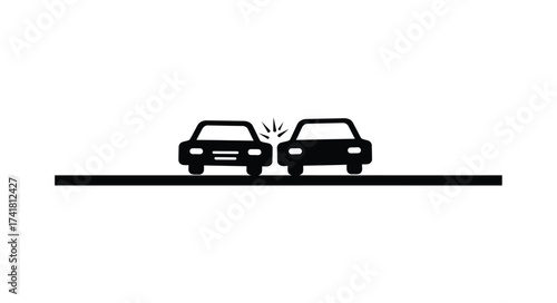 Two cars on a road sign showing a traffic accident or collision symbol black and white simple graphic