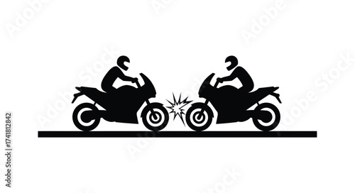 Two motorcycles in silhouette facing each other on a road with dust and debris between them signifying a race or confrontation.