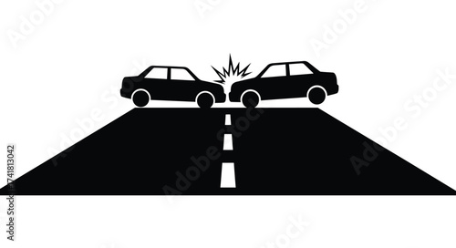 Two black cars collide head-on on a road causing a bright impact flash symbol of road traffic accident