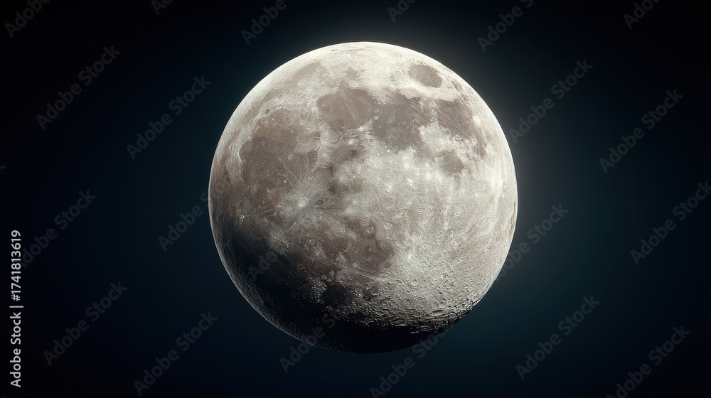 Obraz premium A bright full moon illuminates a clear night sky, creating a tranquil scene. Stars twinkle in the background, enhancing the beauty of the serene atmosphere.