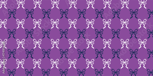Stylish Halloween seamless pattern of cute bows on a vibrant purple background. Trendy ribbon design perfect for fashion, textiles, wrapping paper, digital art, and festive decoration themes.