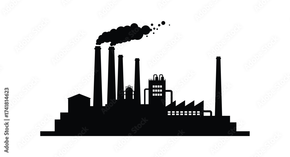 Fototapeta premium Industrial factory silhouette emitting smoke pollution concept scene power plant smokestacks energy production manufacturing industry landscape