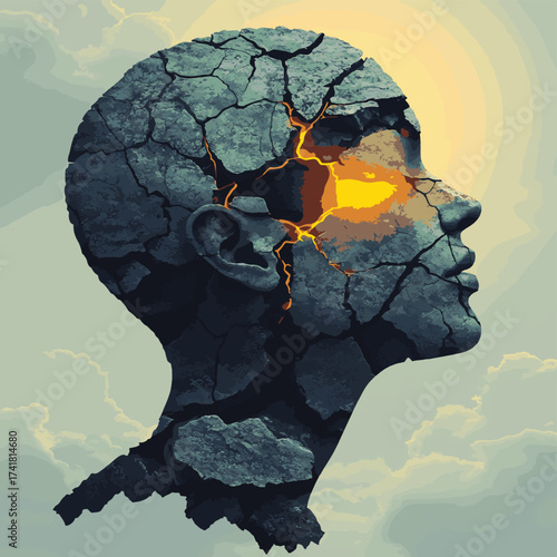 A conceptual of a human head made of cracked stone, revealing a glowing light within, symbolizing inner thoughts and creativity. , vector style simple color