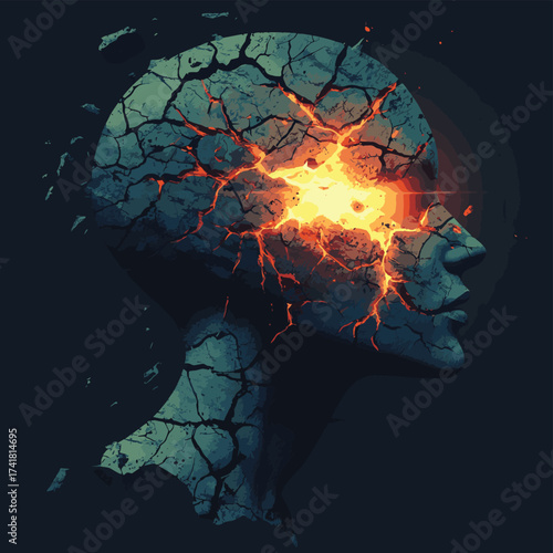 A conceptual of a human head made of cracked stone, revealing a glowing light within, symbolizing inner thoughts and creativity. , vector style simple color