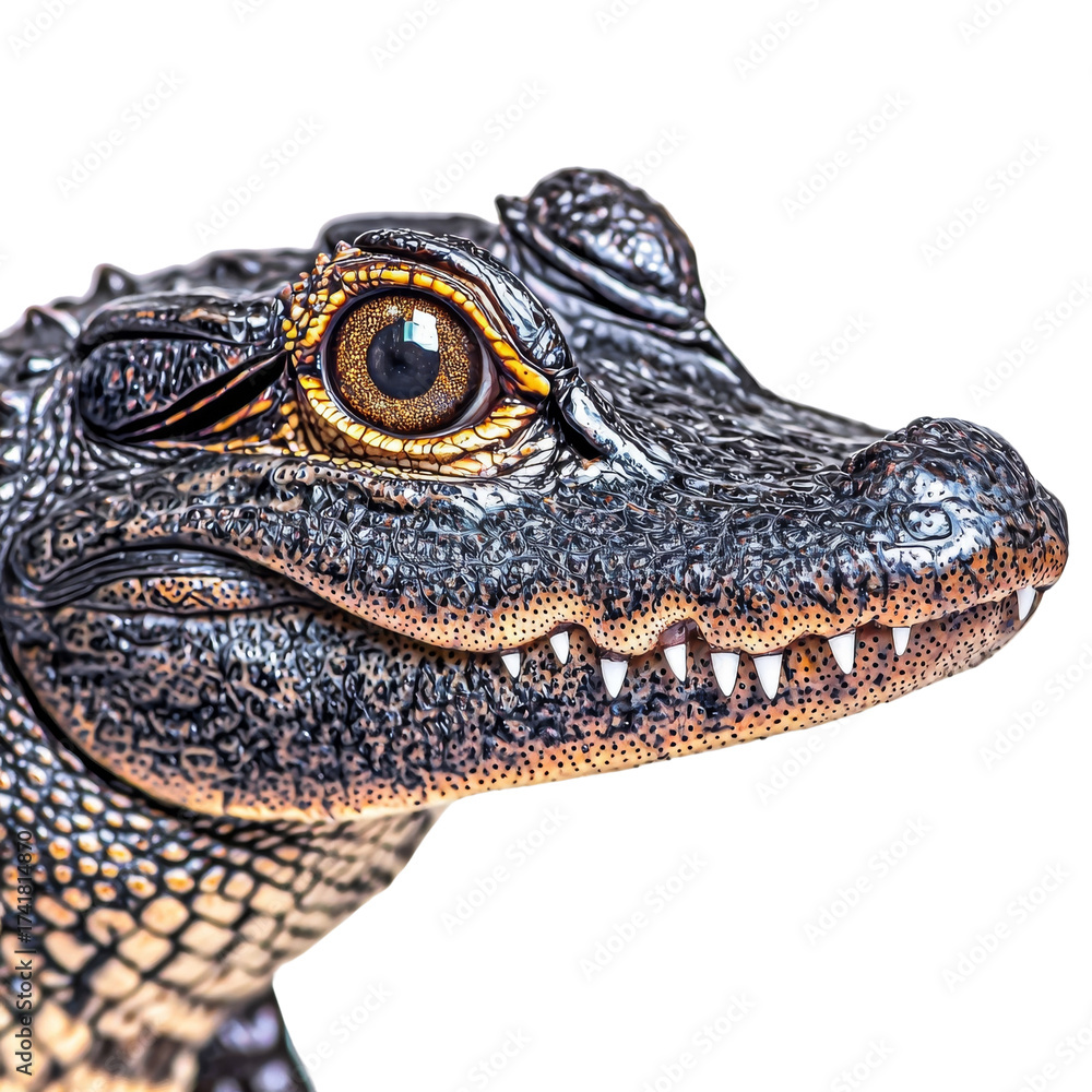 Fototapeta premium Detailed close-up of an alligator head, isolated against a white backdrop