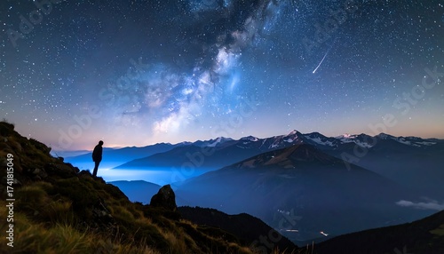 Silhouetted figure on mountaintop under a night sky filled with stars and the Milky Way