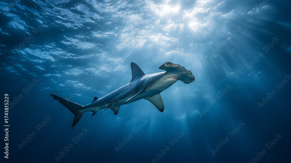 Obraz premium scalloped hammerhead shark swimming away deep in blue water, dramatic light shafts breaking through, wide-angle underwater shot.