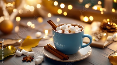 Chocolate with marshmallows and cinnamon sticks during winter holidays