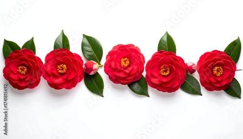 Five vibrant red camellia flowers with green leaves on white