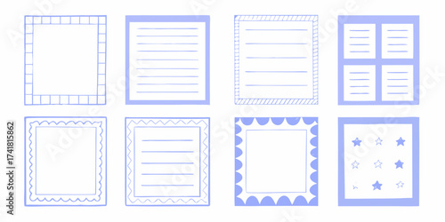 Collection of hand drawn blue borders and frames for notes and journal entries