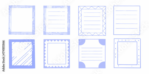 Collection of eight hand drawn decorative blue frames and borders for notes and journaling