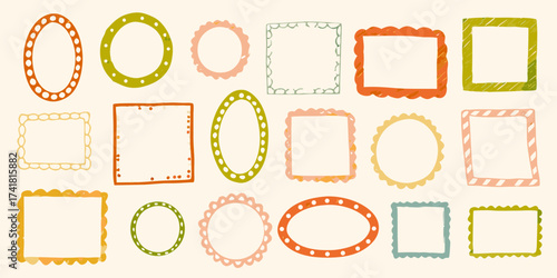 Collection of hand drawn decorative frames and borders in various shapes and colors