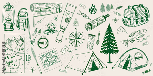 Collection of hand drawn camping and outdoor adventure elements including tents lanterns backpacks and nature scenes