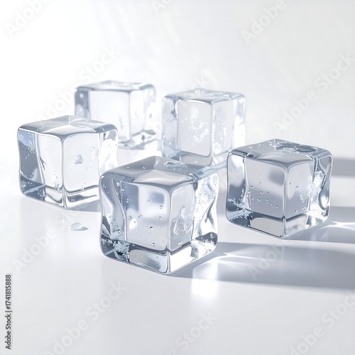 Five transparent ice cubes on a white surface
