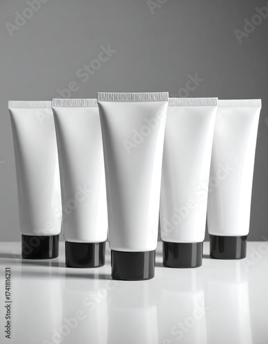 Five white cosmetic tubes with black caps