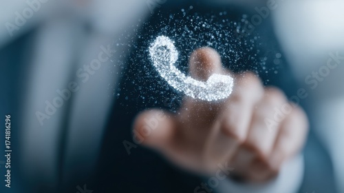 A person in a suit is reaching out towards a glowing phone symbol made of particles. This scene represents the integration of technology in communication.