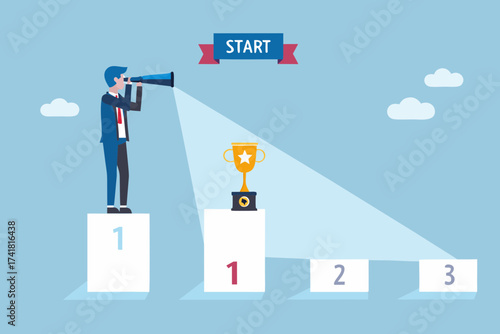 Businessman with telescope looking at trophy on podium with start banner above symbolizing goal achievement and success