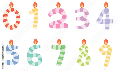Cute Birthday Number Candles with Burning Flames Illustration, Number Candles with Flames – Colourful Birthday Candle Illustration