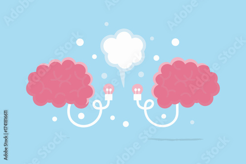 Two pink brains connected by light bulbs and a speech bubble symbolizing communication and ideas