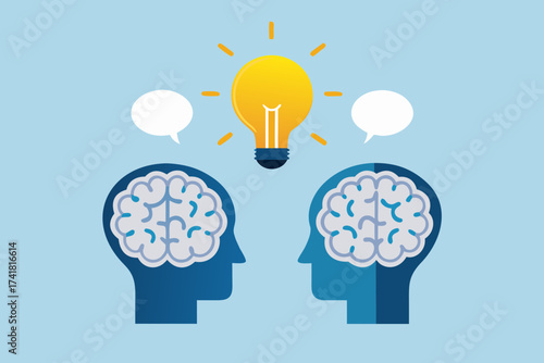 Two human heads with brains and a light bulb symbol representing a shared idea or collaboration