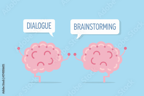 Two cartoon brains communicating through dialogue and brainstorming ideas on a light blue background